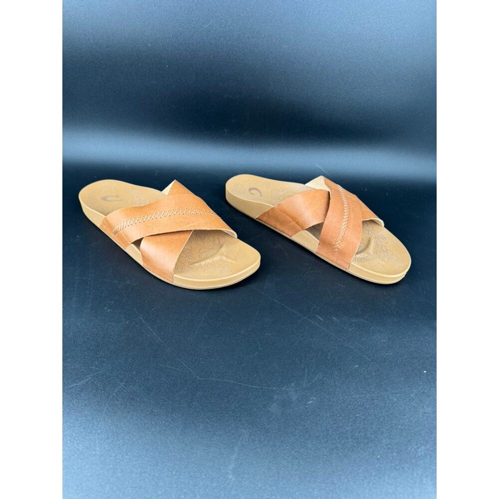 OluKai Kipe'a Olu Sandals Womens 10 Sahara Leather Slide Comfort 20460 FMFM - Picture 5 of 8